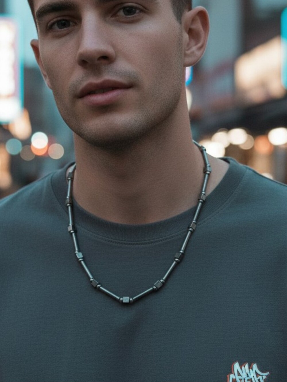 Men's Minimal Matte Gunmetal Beaded Necklace Silver Estate Jewelry